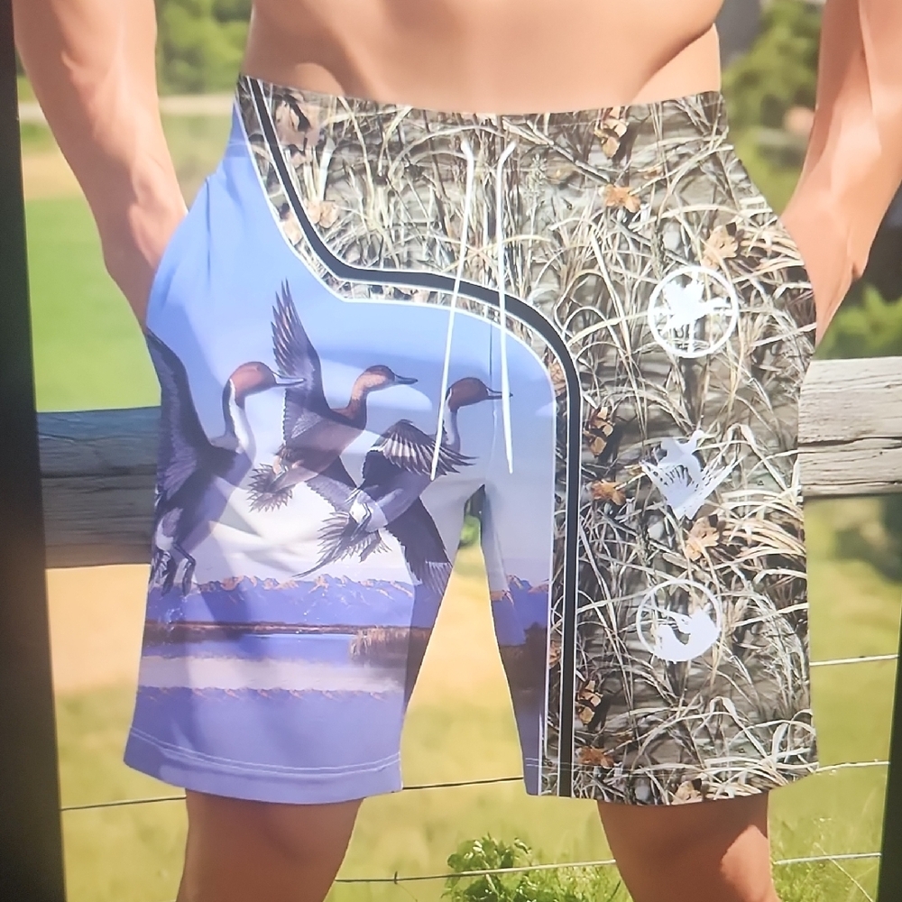 Men's Swim Shorts with Bird Print - Blue and Green
